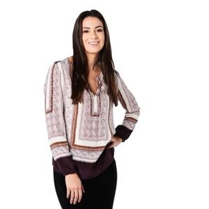 Ecru 100% Silk Preppy Cream Maroon Paisley Floral Quiet Luxury Peasant Blouse S